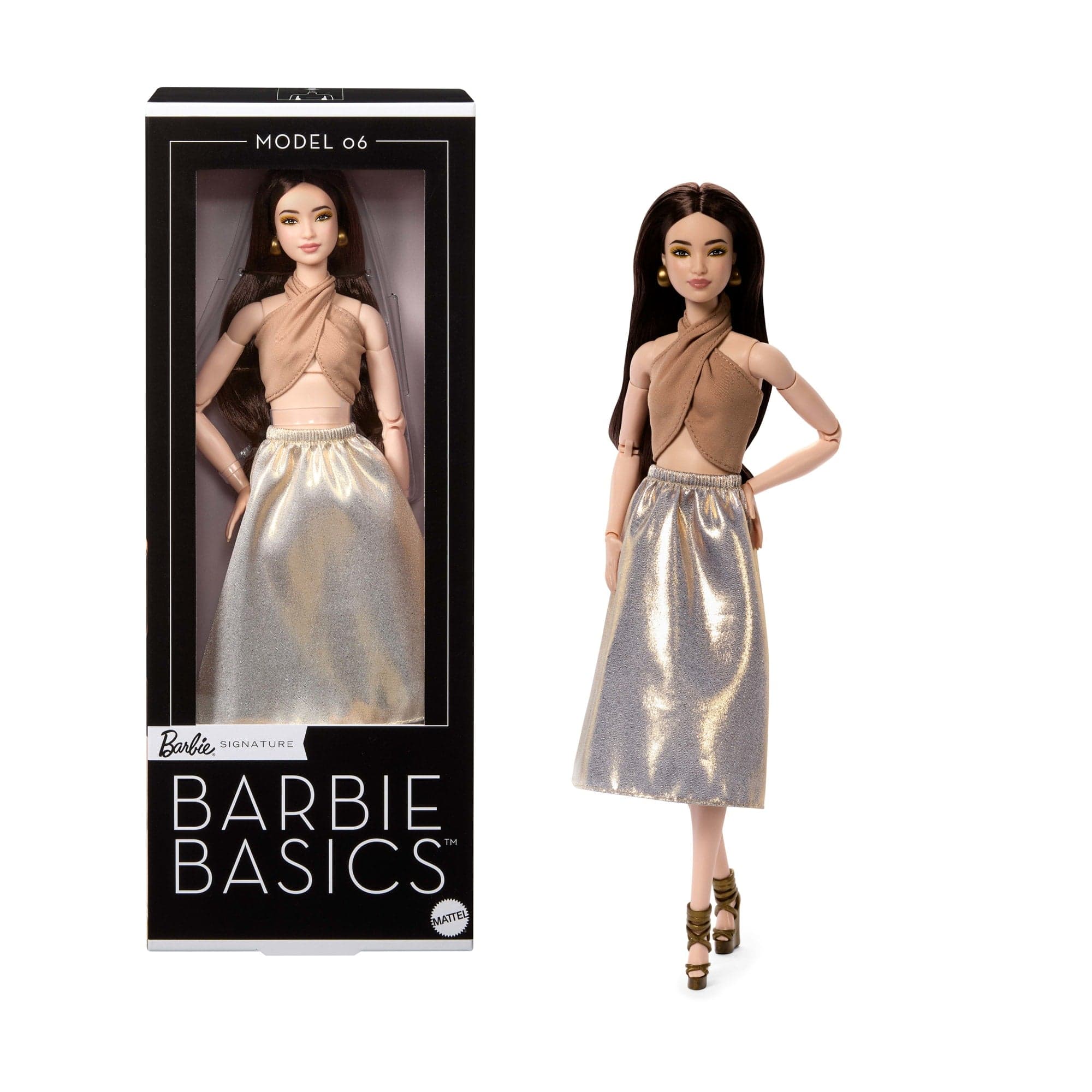 Barbie-Poupée Barbie Basics Modèle 06-Cheveux Bruns et Habits Dorés
