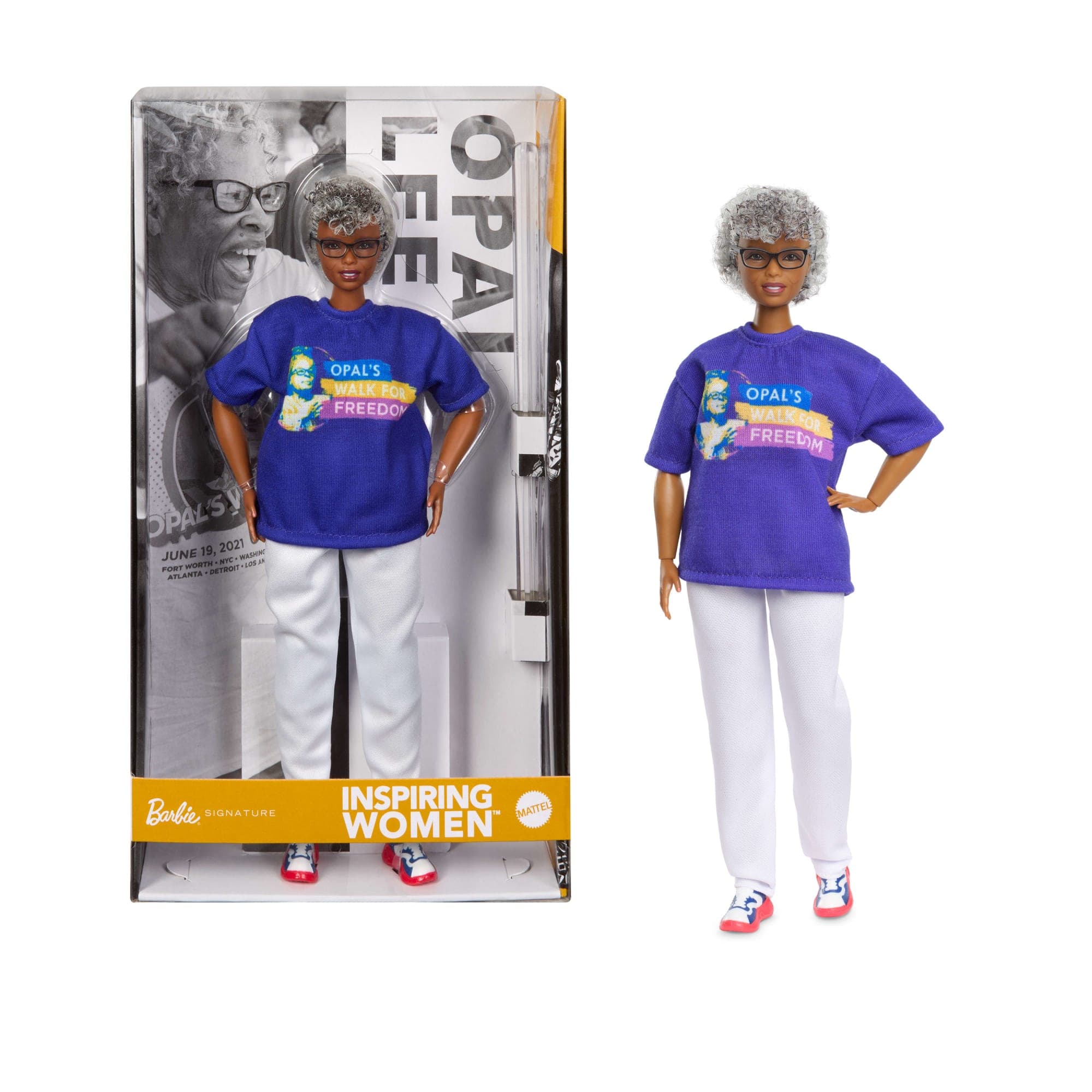 Barbie Inspiring Women Opal Lee Collectible Doll in Blue “Opal's Walk For Freedom” T-Shirt