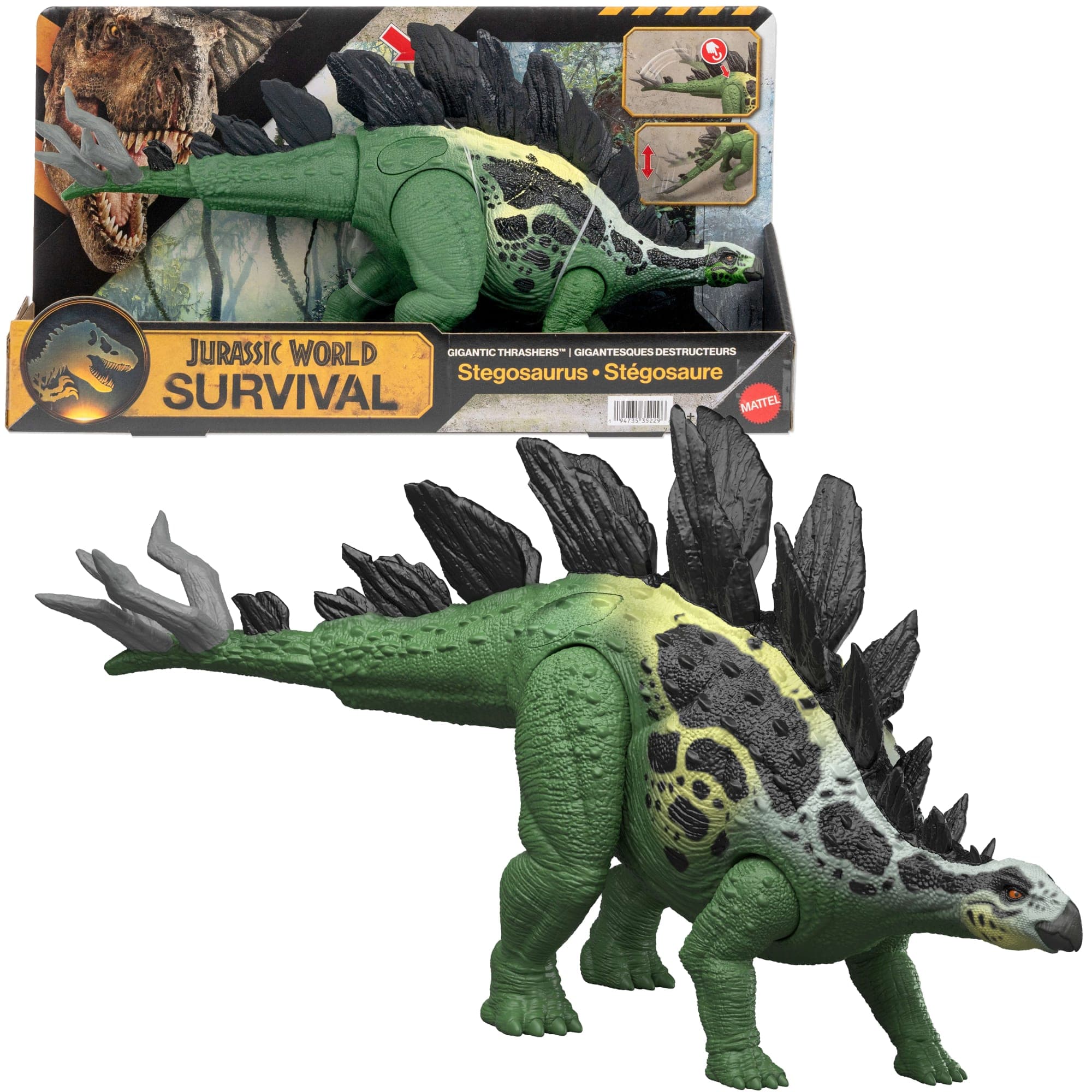 Jurassic World Gigantic Thrashers Stegosaurus Dinosaur Action Figure Toy, 2 Attacks & Evolve Feature