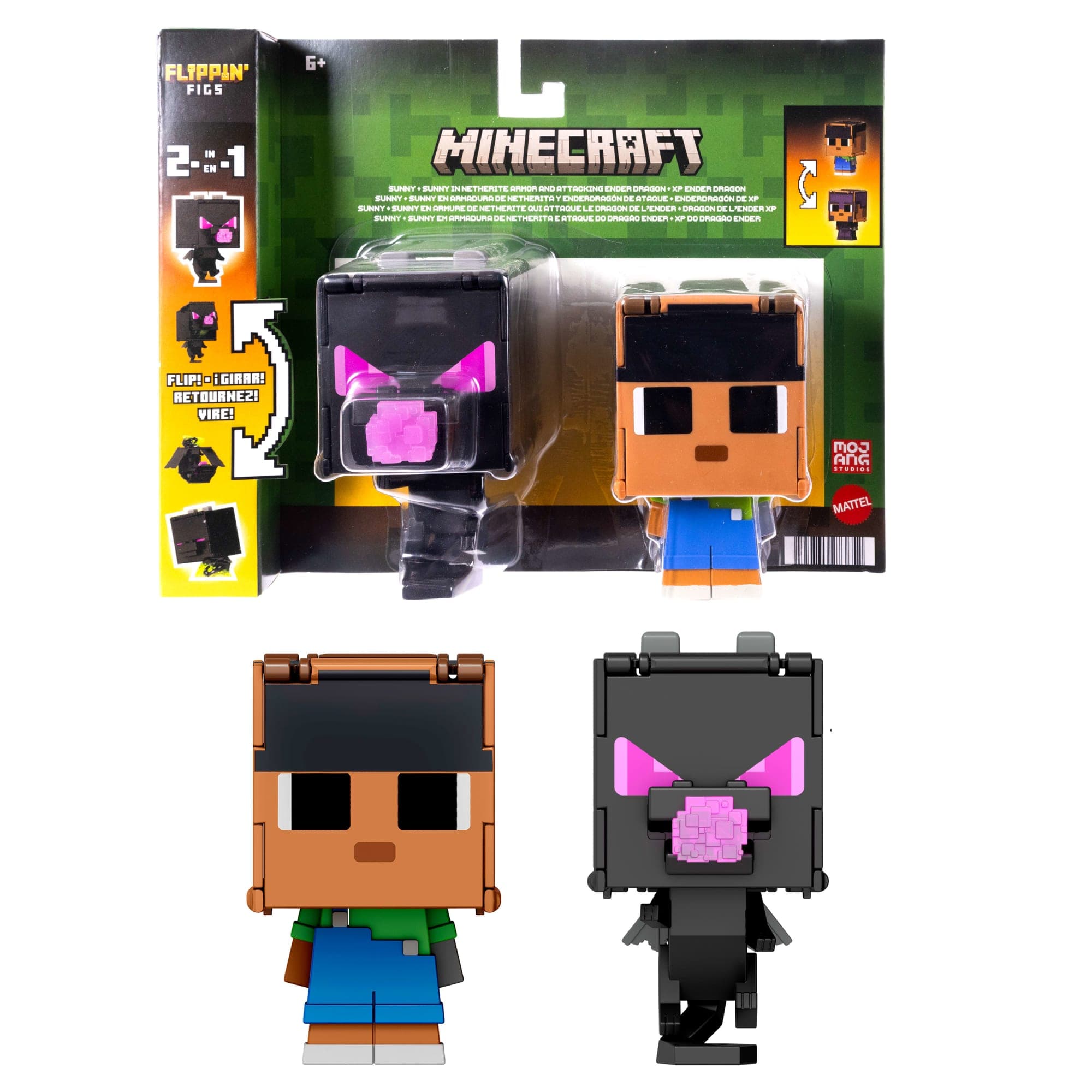 Minecraft Flippin’ Figs 2 Pack Action Figures, 2-in-1 Fidget Play, 3.75-inch Sunny & Ender Dragon