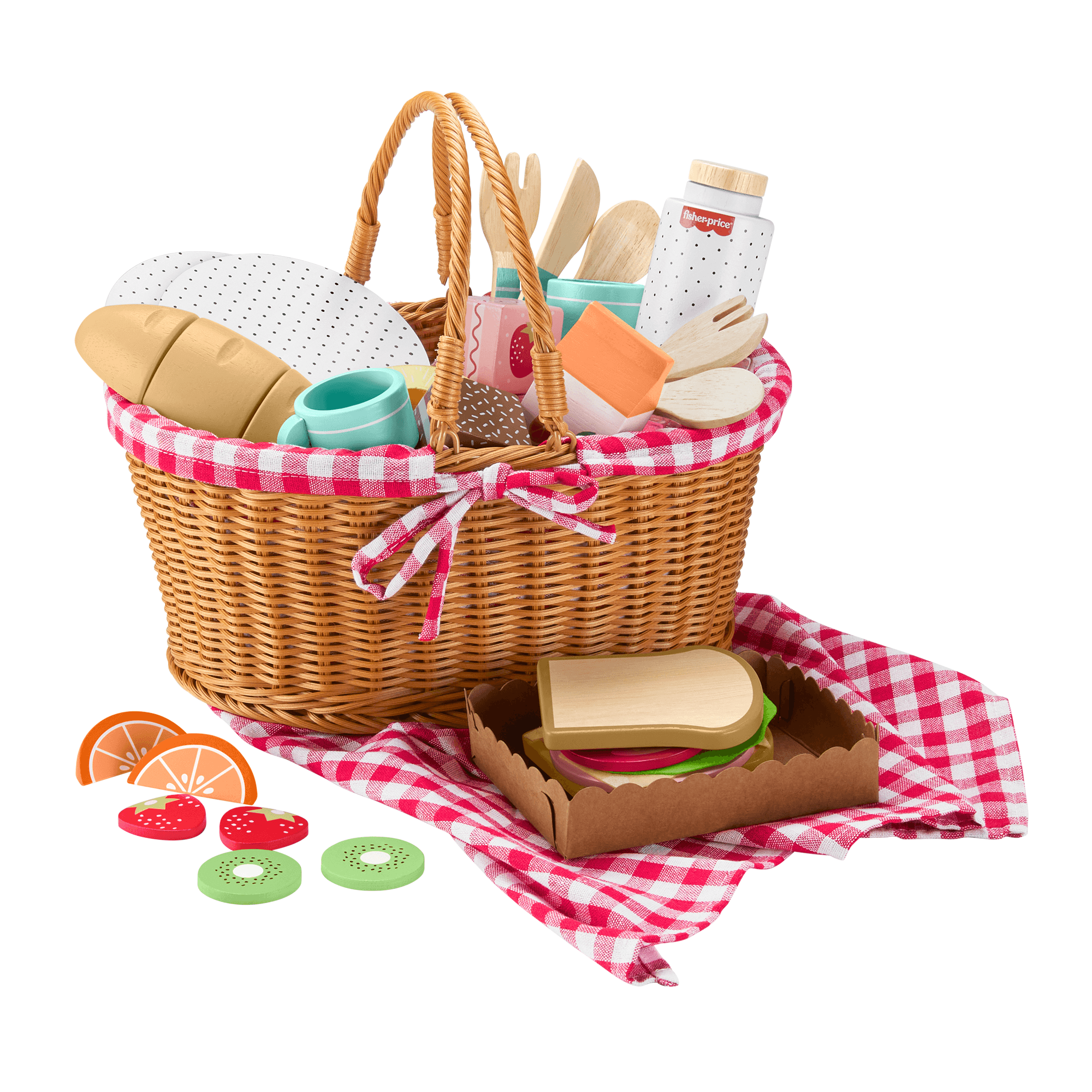 Fisher-Price Wooden Picnic Basket & Food Pretend Play Set For Preschool Kids, 31 Wood Pieces