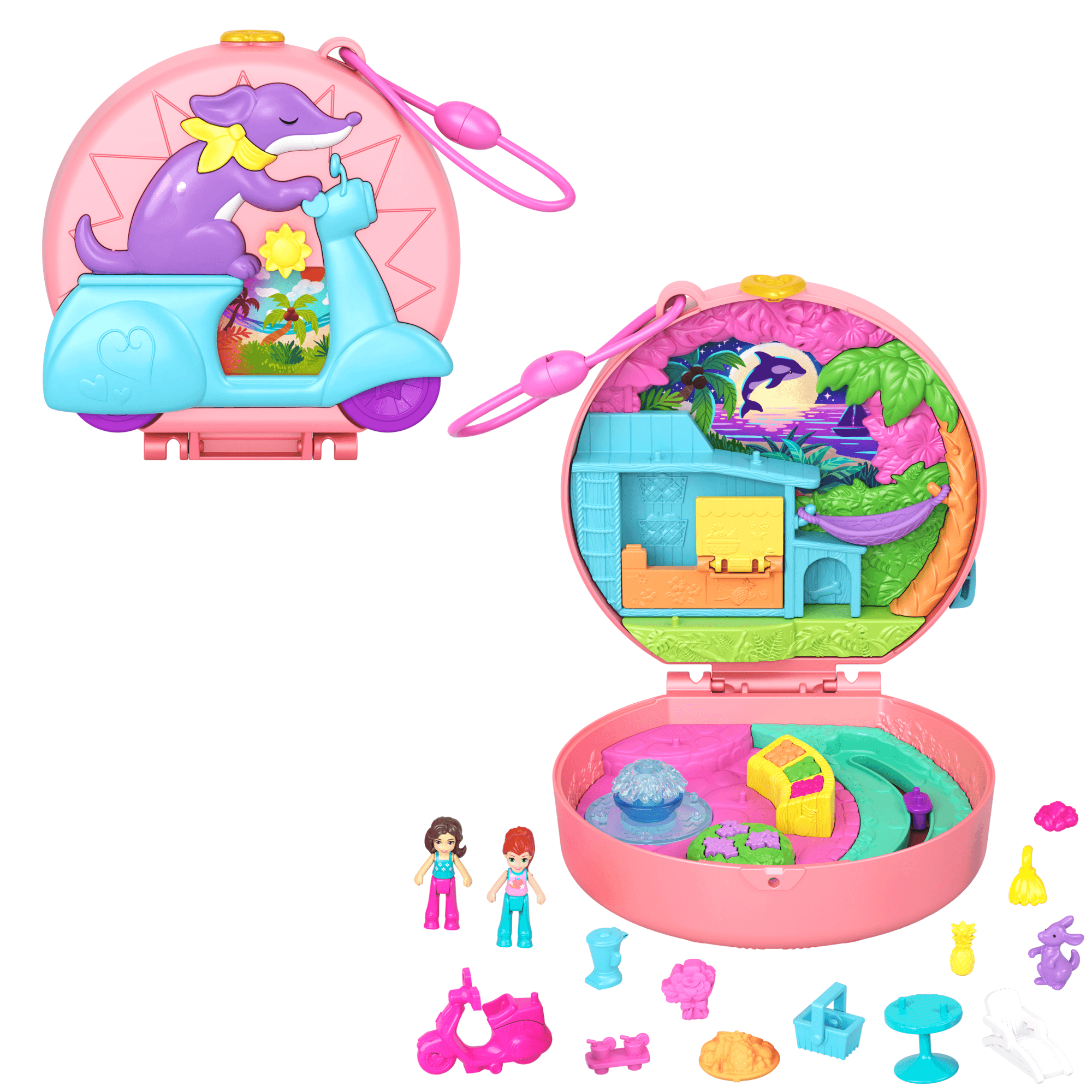 Polly Pocket Adventure Moped Compact With 2 Micro Dolls And Pet, Travel Toy With Animal And Vehicle Accessories