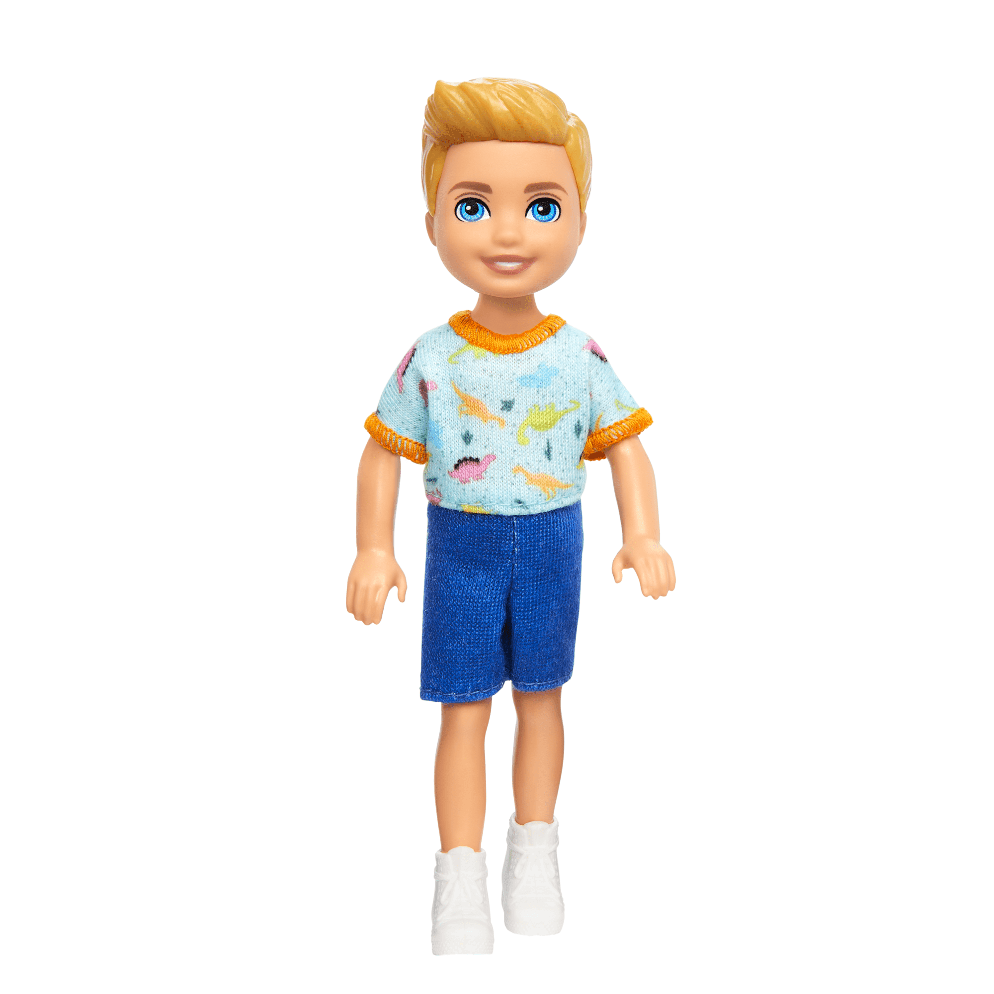 Barbie Chelsea Doll, Small Boy Doll Wearing Removable One-Piece With Dino Print, Blond Hair & Blue Eyes