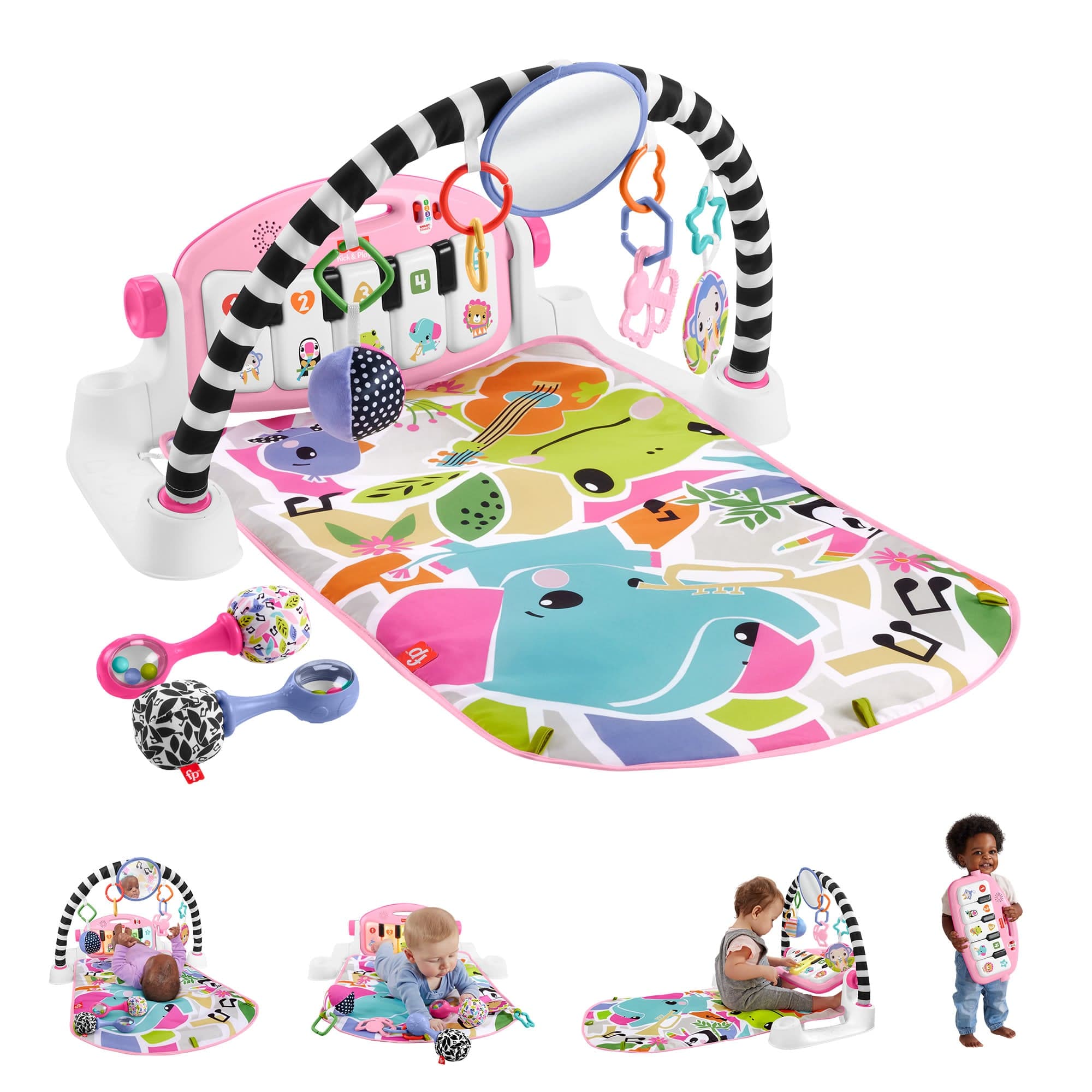 Fisher-Price Glow And Grow Kick & Play Piano Gym Baby Learning Toy With 2 Maracas, Pink