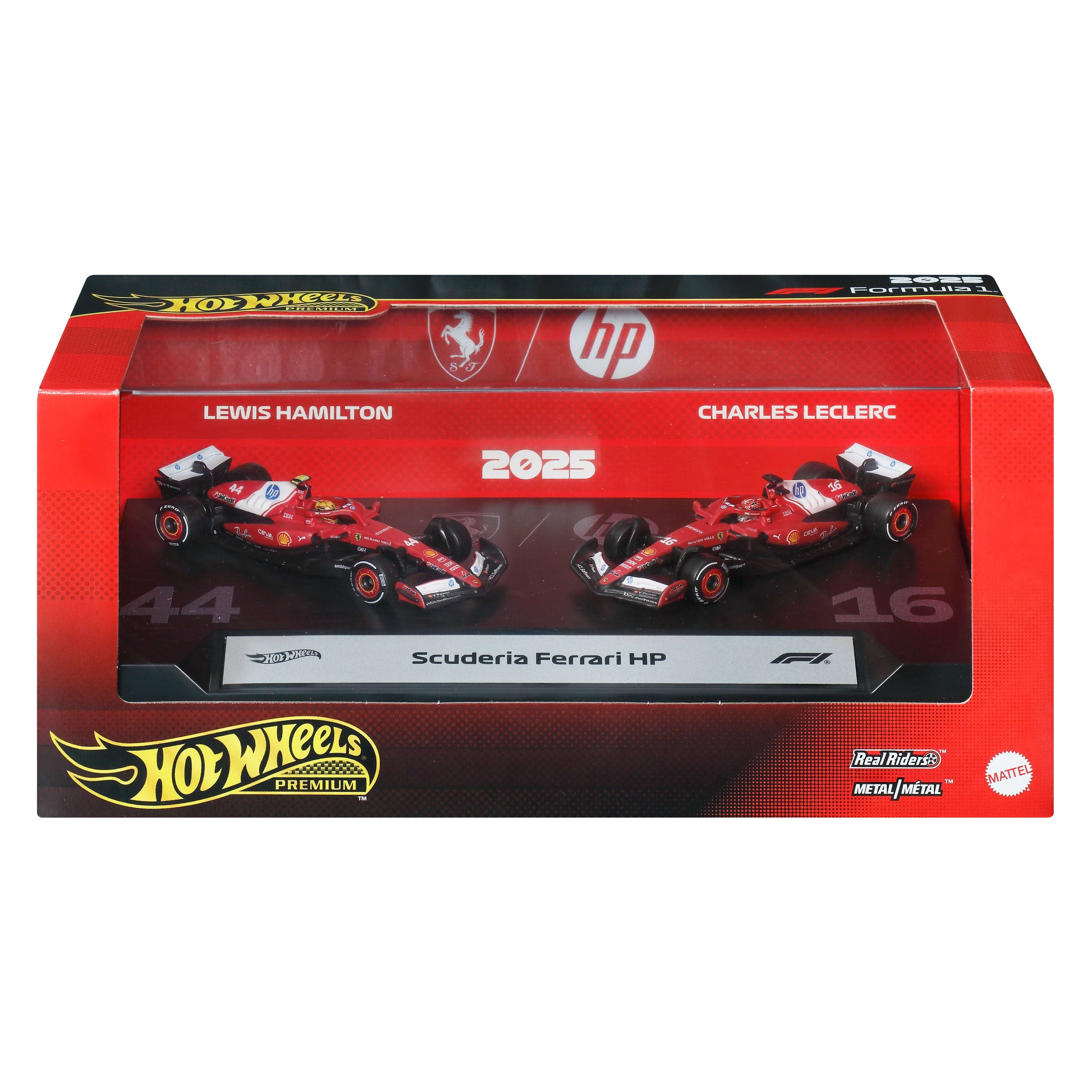 Hot Wheels Premium Formula 1 2-Pack, Scuderia Ferrari Hp Cars Of Lewis Hamilton & Charles Leclerc