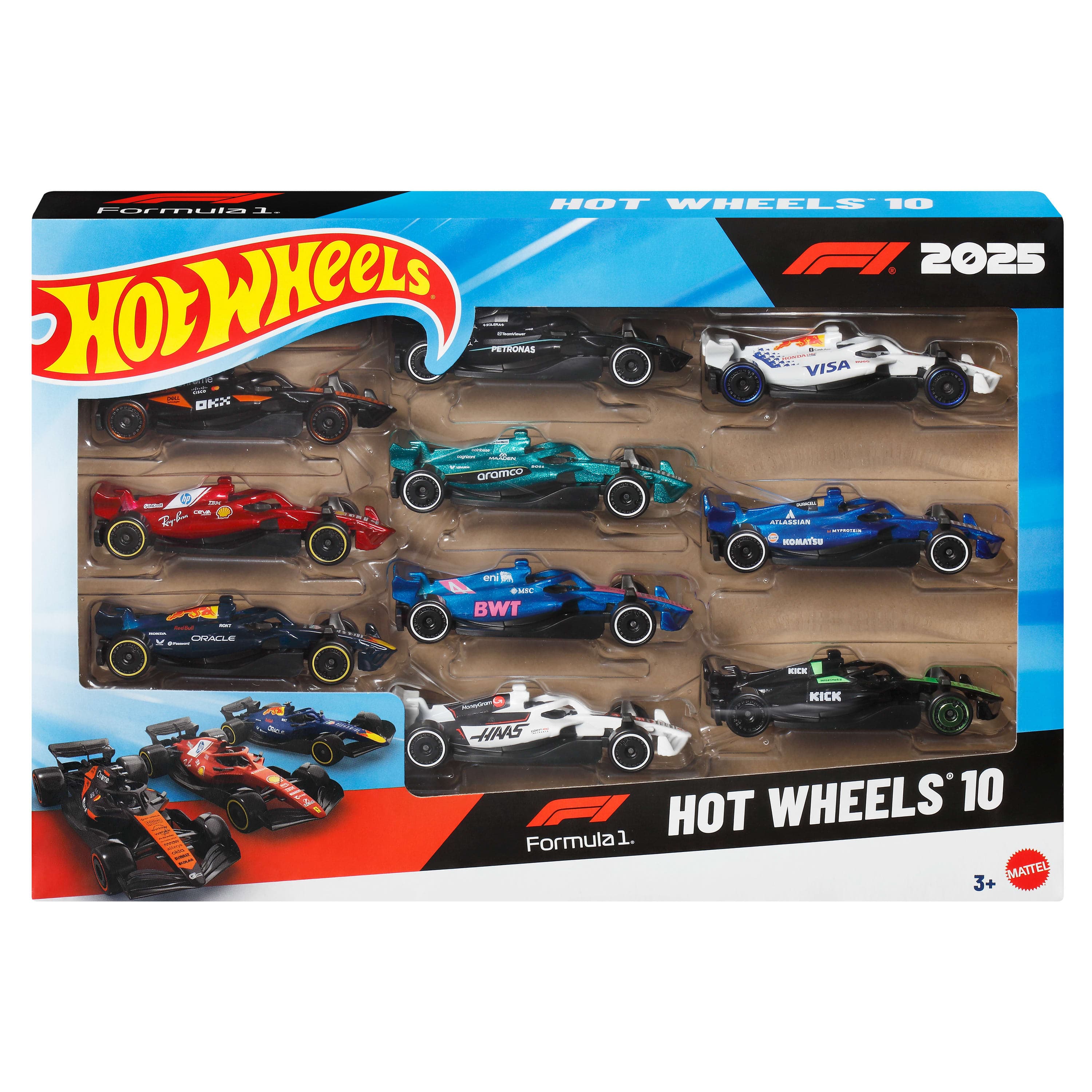 Hot Wheels Formula 1 10-Pack, Set Of 10 1:64 Scale Toy Cars With Each 2025 F1 Racing Team
