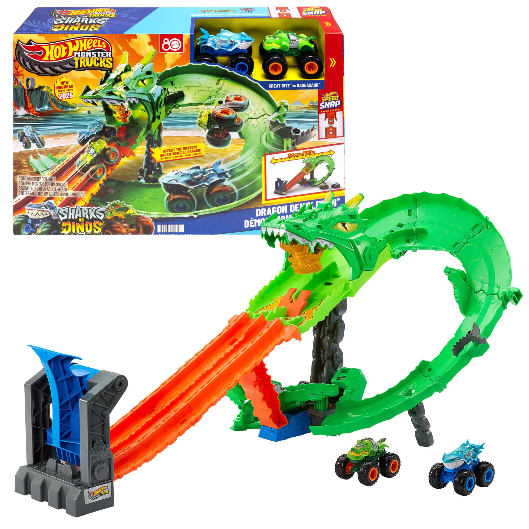 Hot Wheels Monster Trucks-Coffret Piste Dragon Sharks Vs. Dinos