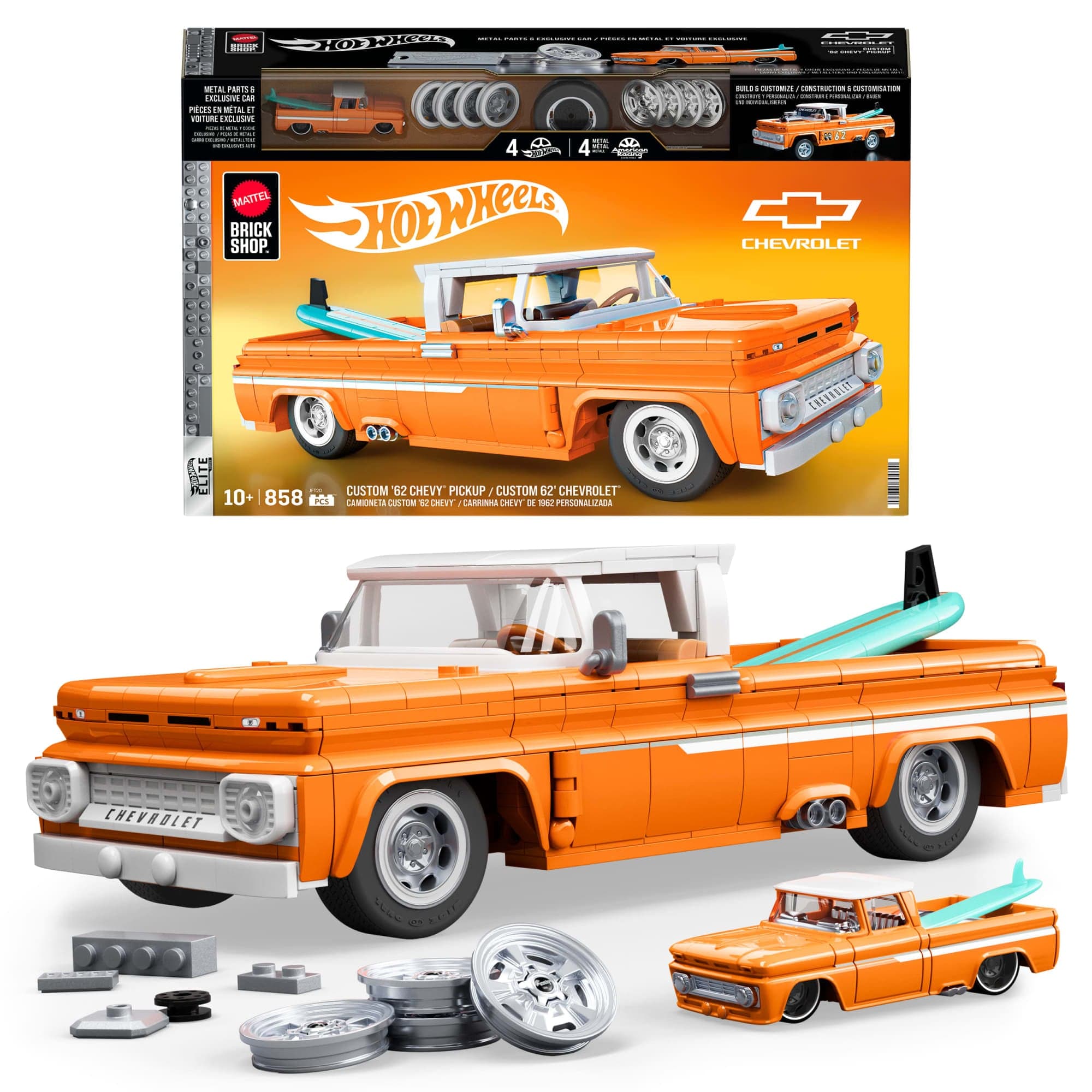 Mattel Brick Shop Hot Wheels Custom ’62 Chevy Pickup Building Toy Kit (858 Pieces), For Collectors