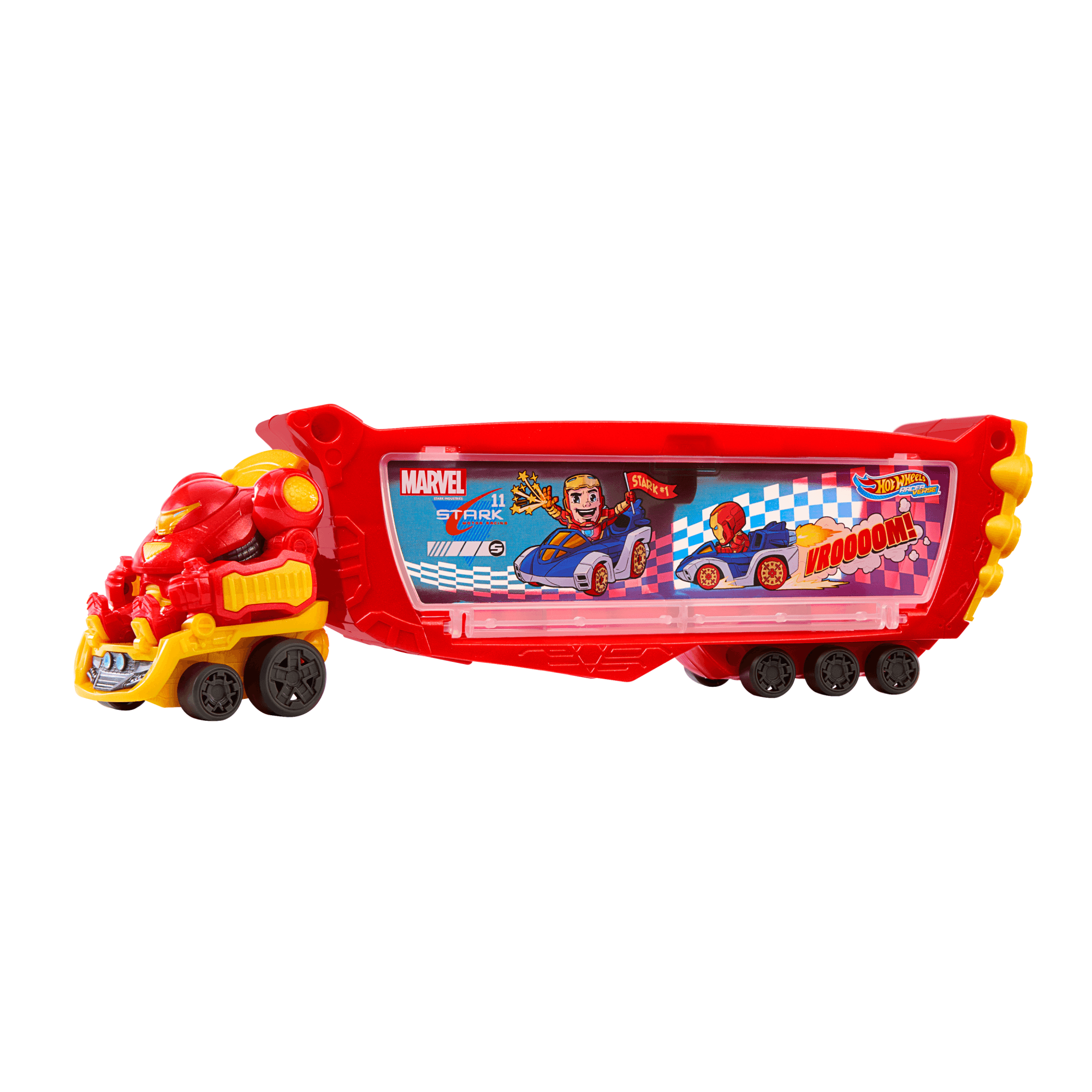 Hot Wheels Racerverse Marvel Hulkbuster Hauler, Stores Up To 10 Toy Cars, Detachable Cab With Flip-Up Helmet & Non-Removable Figure