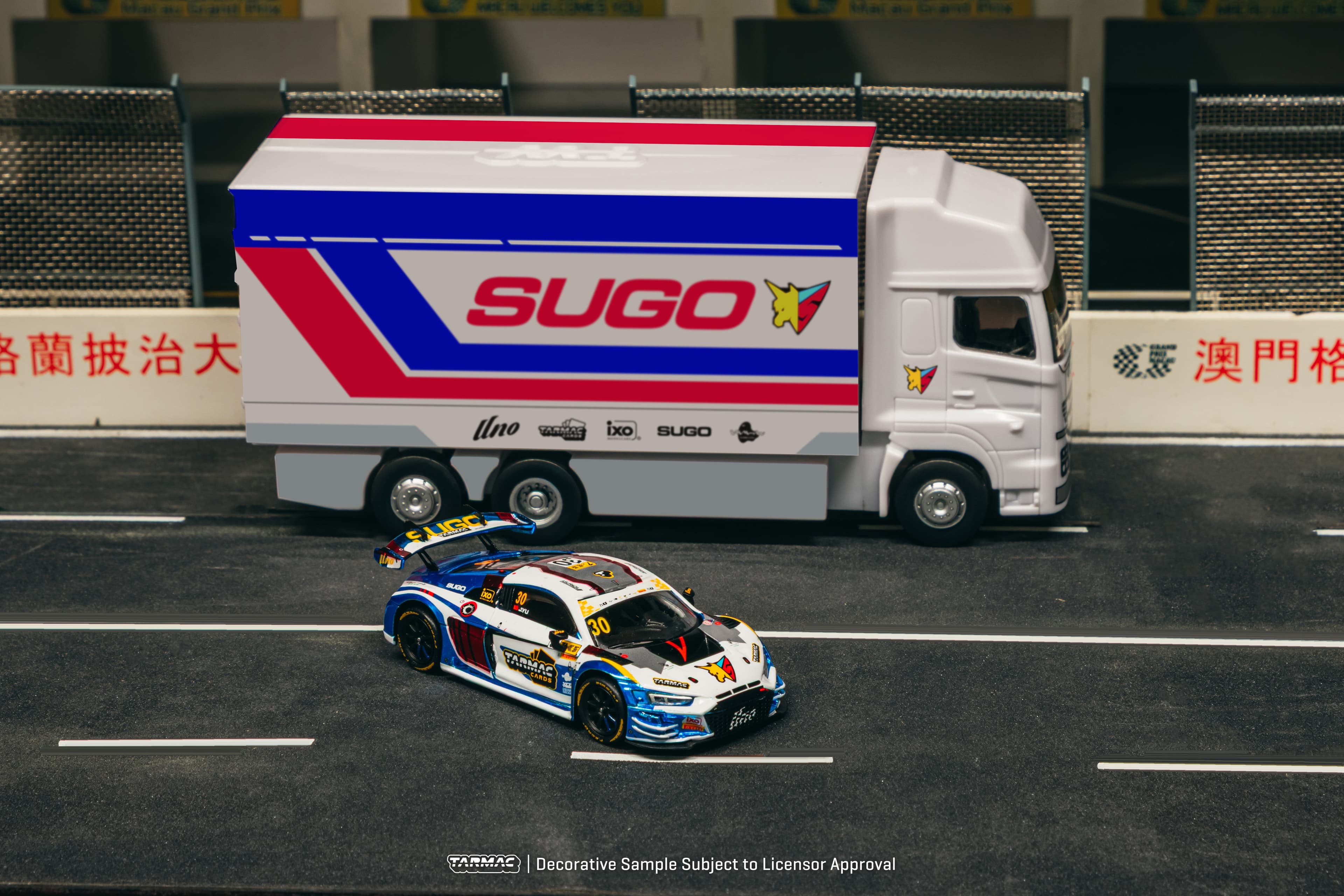 1/64 Audi R8 LMS GT3 evo II Macau GT Cup - FIA GT World Cup 2024 Uno Racing #30 with Tarmac Cards Combo Set and Truck Packaging - Tarmac Works HOBBY64