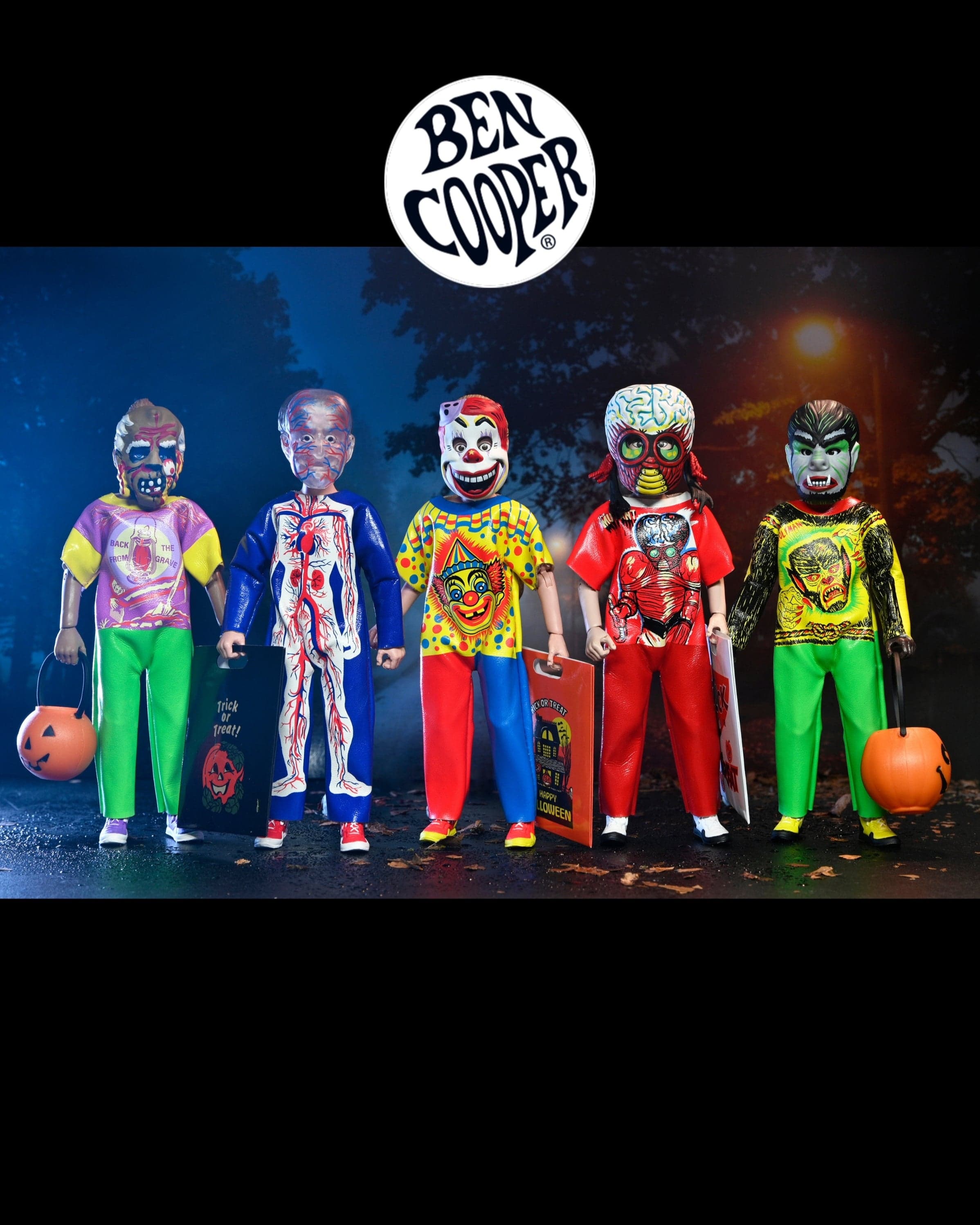 Ben Cooper Costume Kids Collection - Series 6 Costumed Action Figure Bundle (Clown, Metaluna Mutant, Spooky Monster, Visible Man, Wolfman)