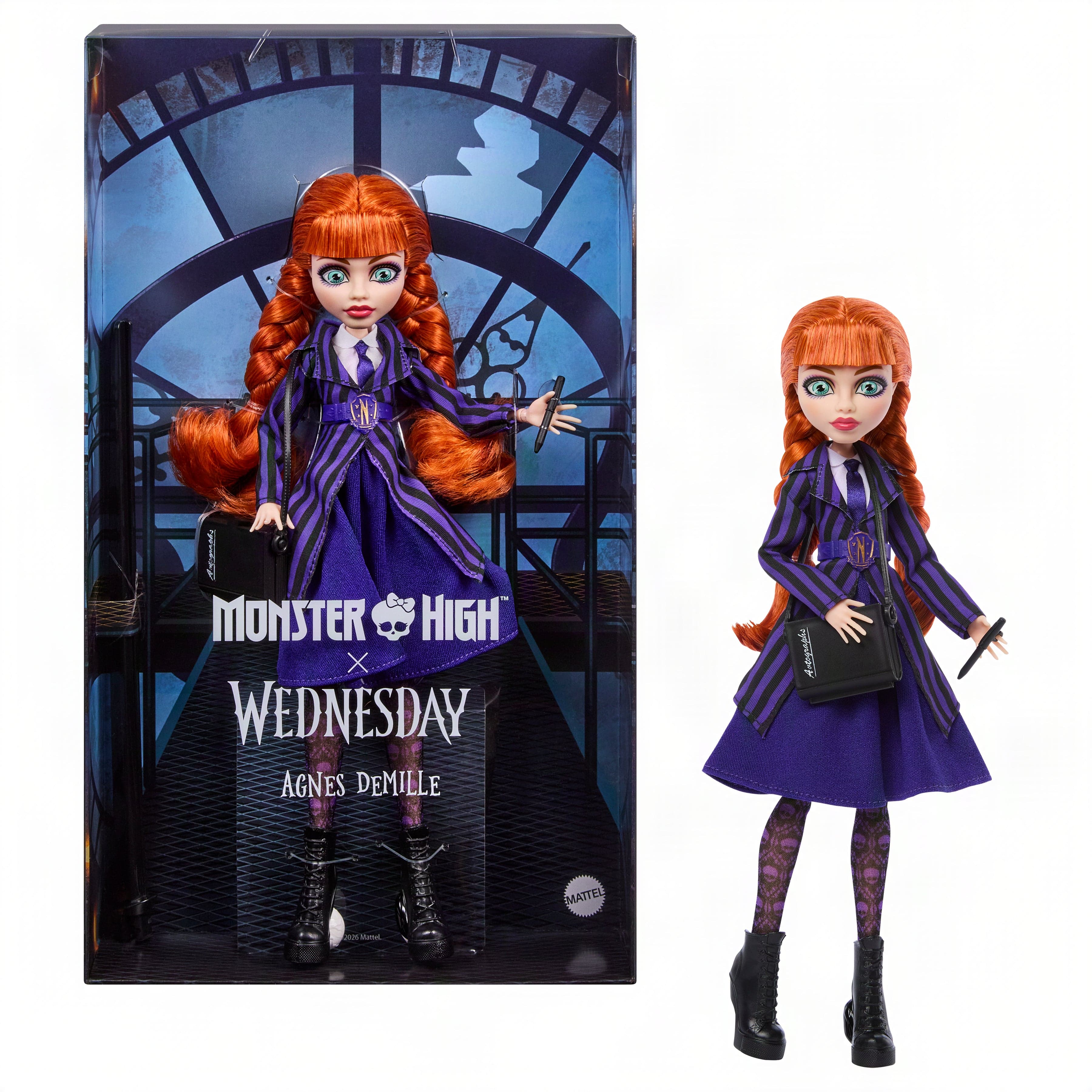 Monster High X Wednesday Collectible Doll, Agnes Demille With Purple Uniform And Accessories