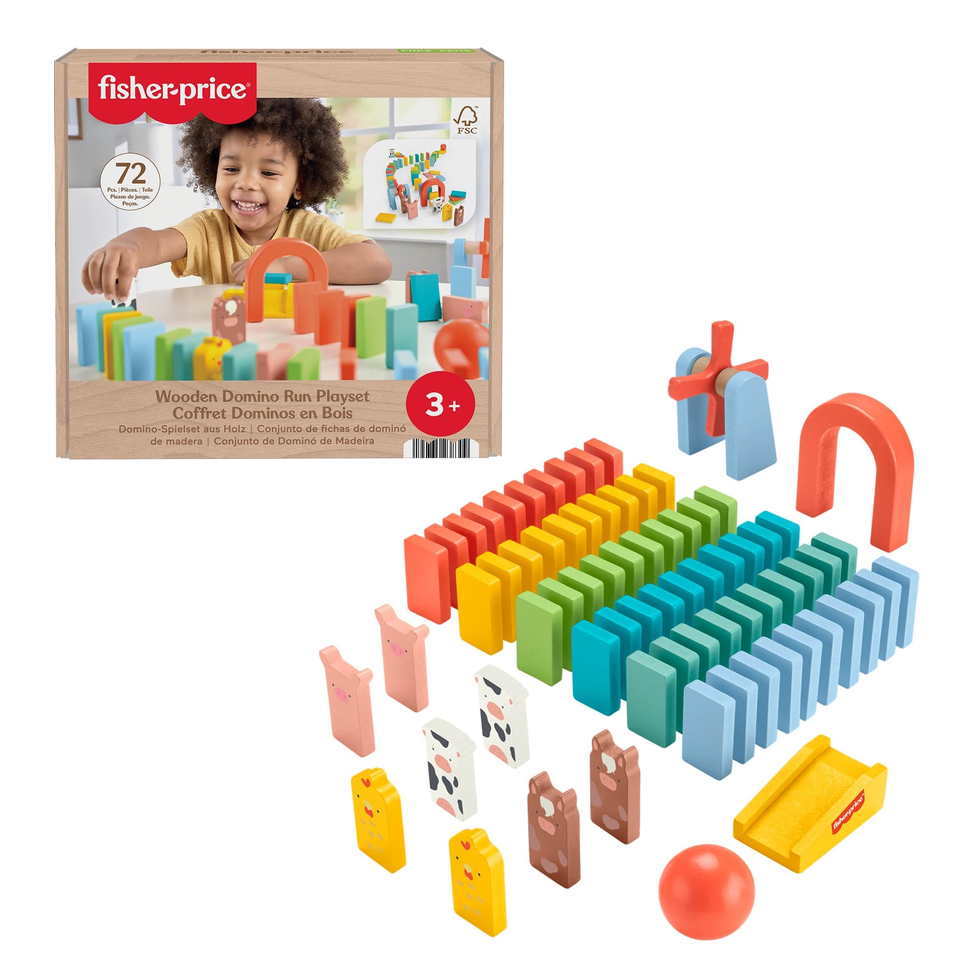 Fisher-Price Wood Preschool Game Domino Run Playset, 72-Piece Wooden Building Set For Kids Ages 3+ Years