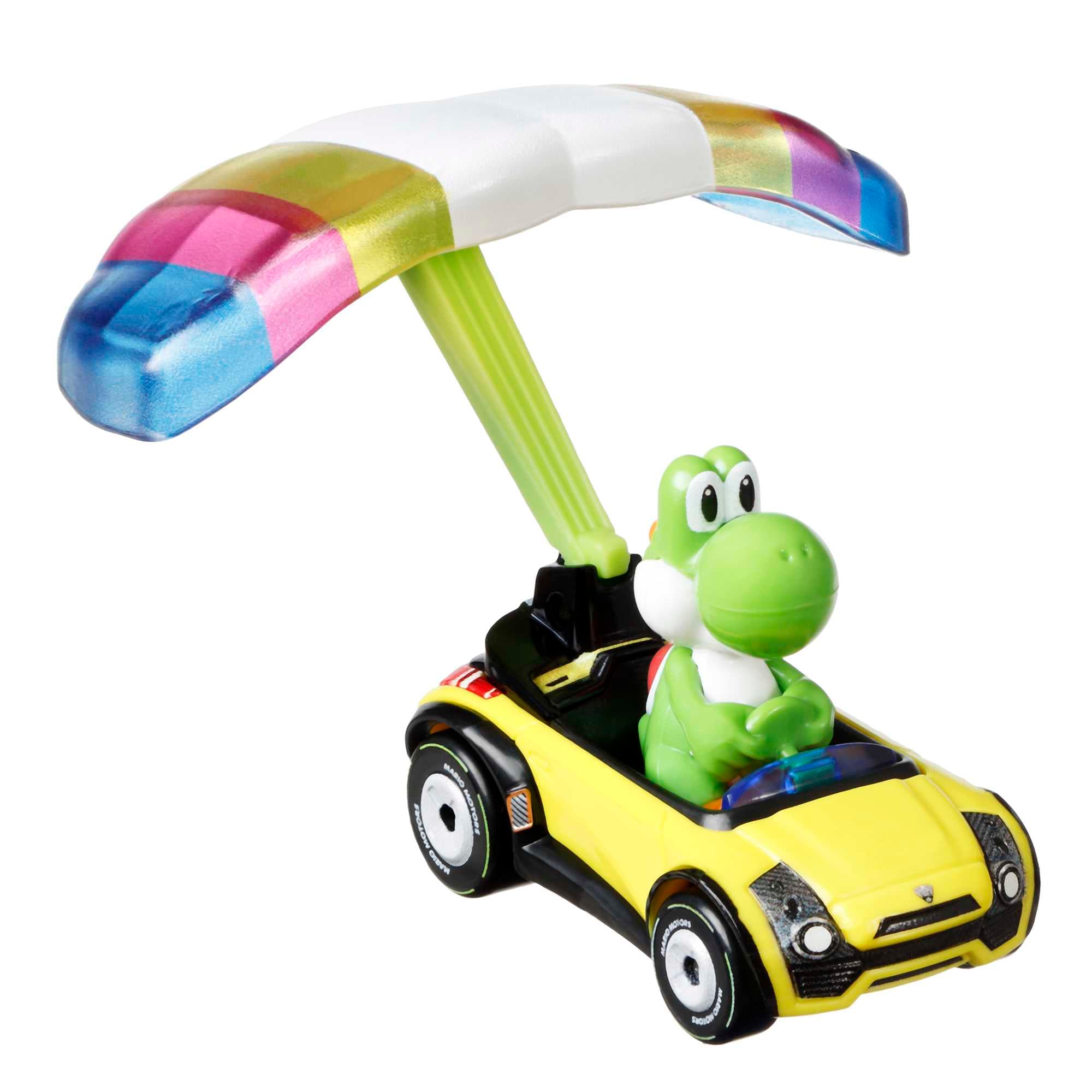 Hot Wheels Mario Kart Vehículo de Juguete Yoshi Sports Coupe con Paracaídas
