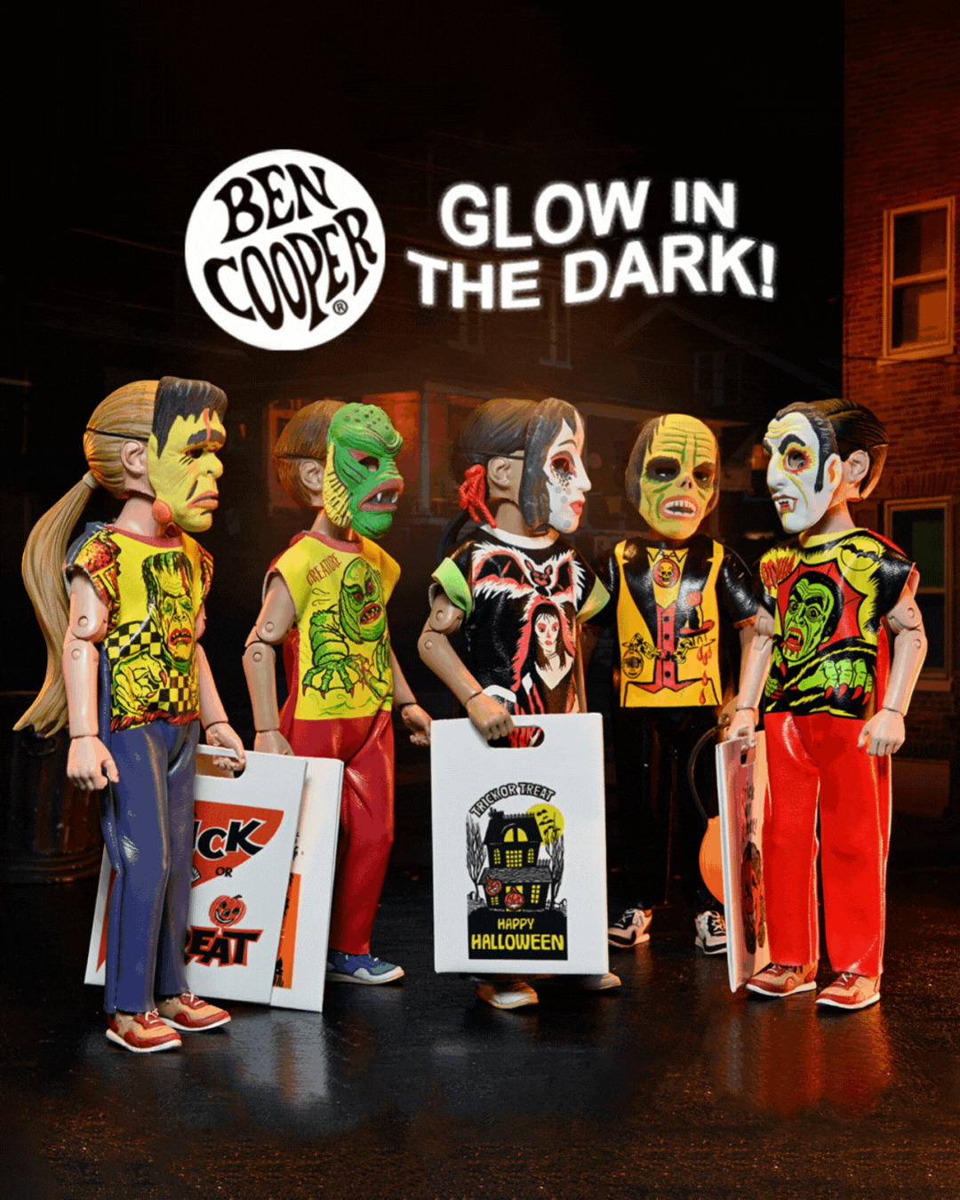 Ben Cooper Costume Kids Collection - Series 1 Bundle Glow-in-the-Dark Costumed Action Figures (Creature, Dracula, Frankenstein, Phantom, Vampire Girl)