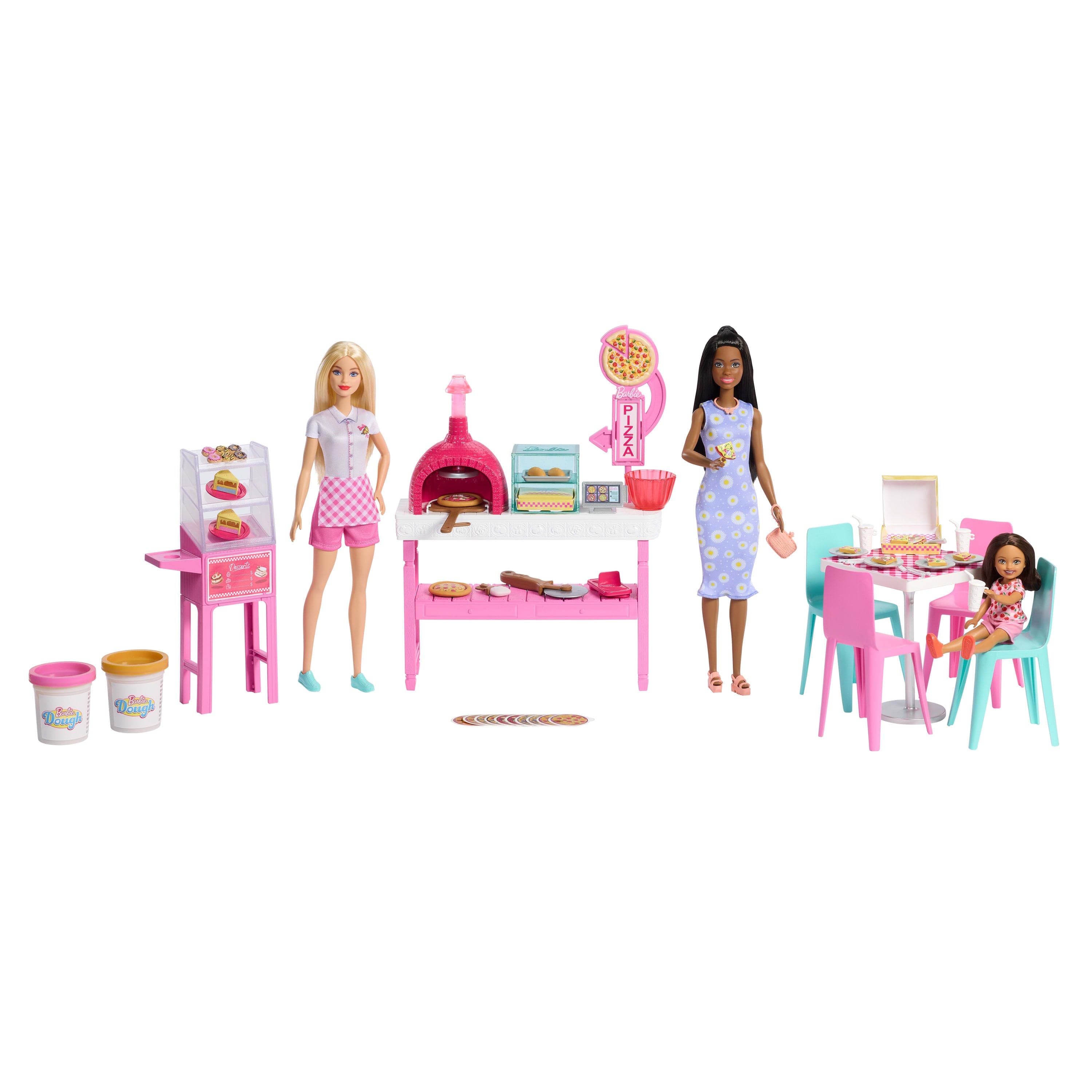 Barbie Pizza Shop Playset With 3 Dolls, 2 Doughs, 20 Toppings And 60 Accessories