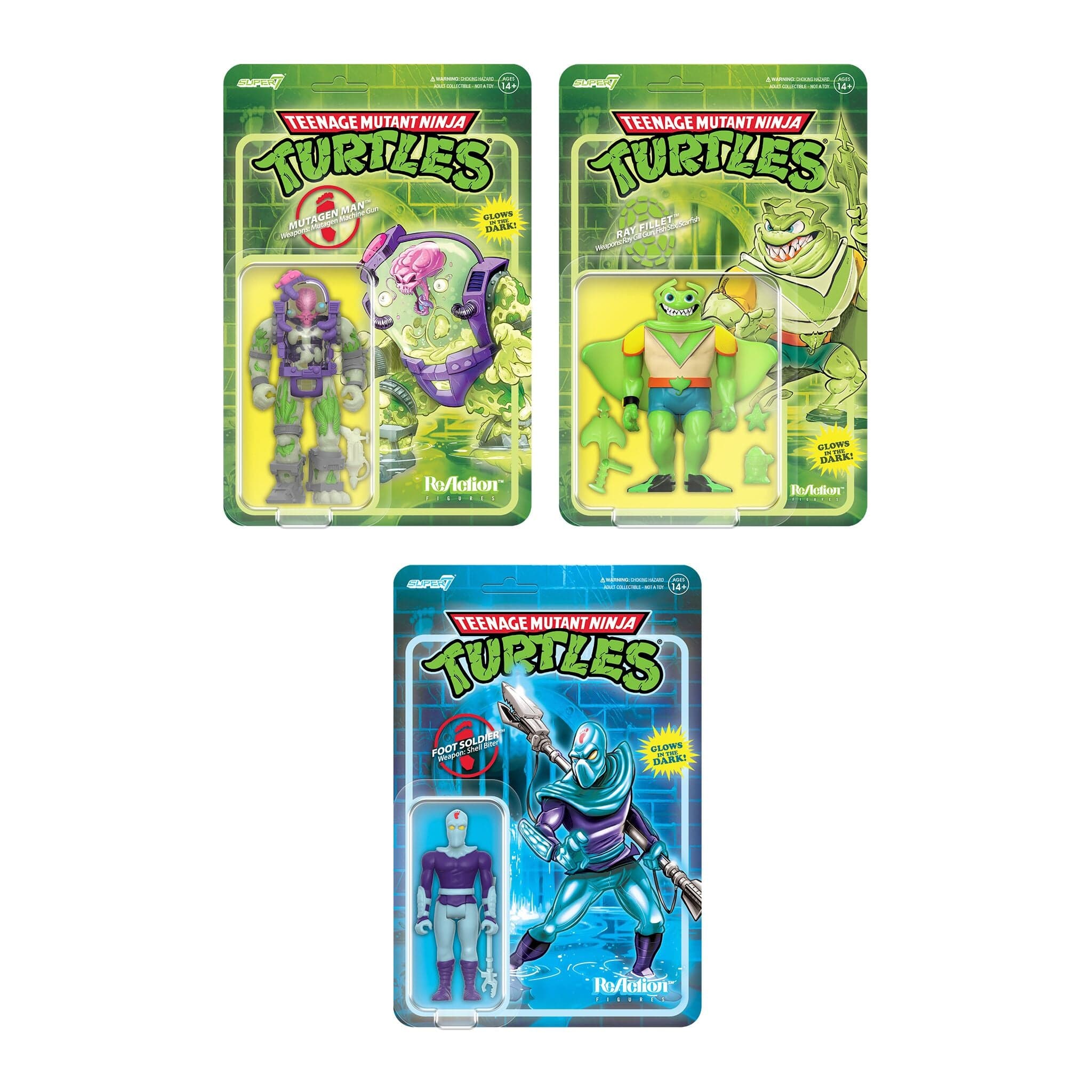Gambar produk Teenage Mutant Ninja Turtles ReAction Figures - Mutagen Man (Glow), Foot Soldier (Blue Glow), Ray Fillet Bioluminescent (Green Glow)