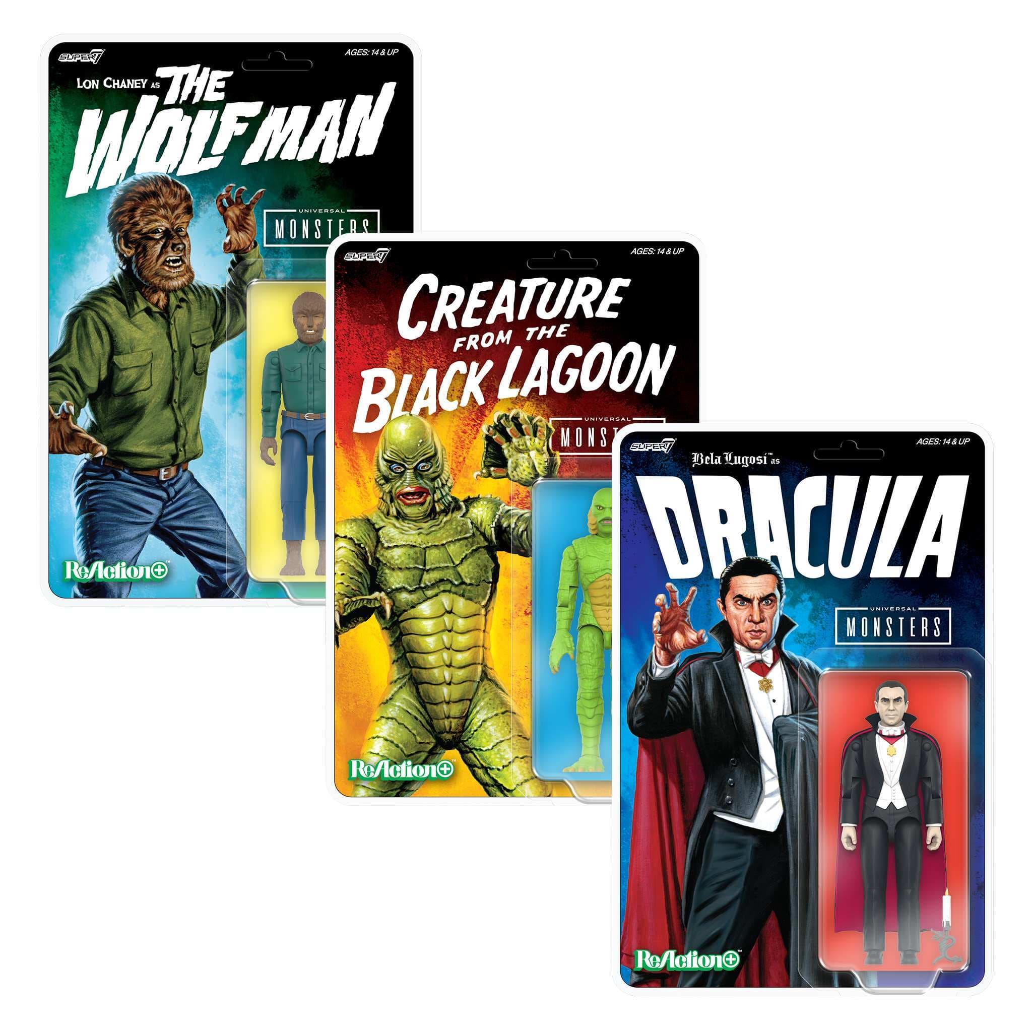 Gambar produk Universal Monsters ReAction+ Wave 1 - Creature from the Black Lagoon, Dracula & The Wolf Man
